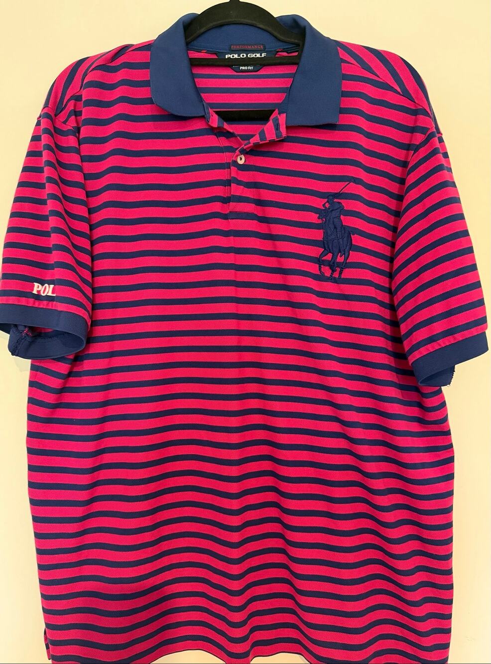 Polo Golf Ralph Lauren XL Performance Pro Fit Big Pony Pink Navy Striped Polo